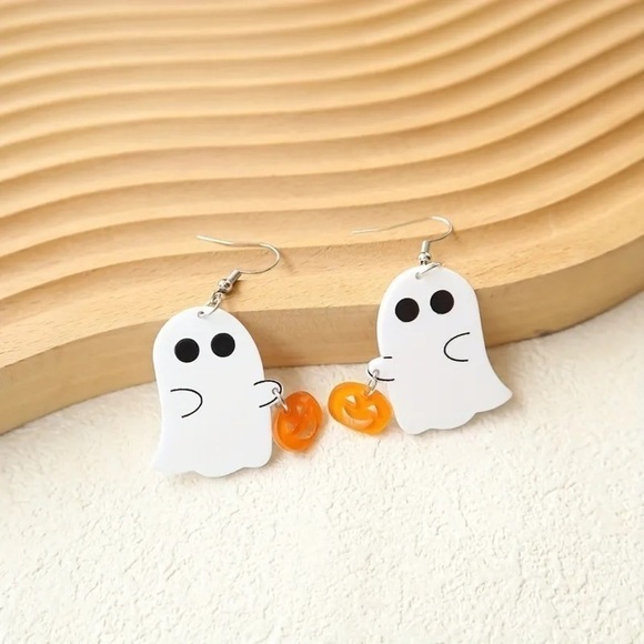 White Ghost with Jack-O-Lantern Dangle Earrings - Picture 1 of 4